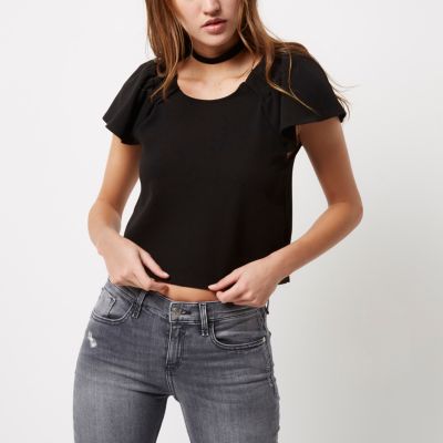 Black ruched sleeve T-shirt